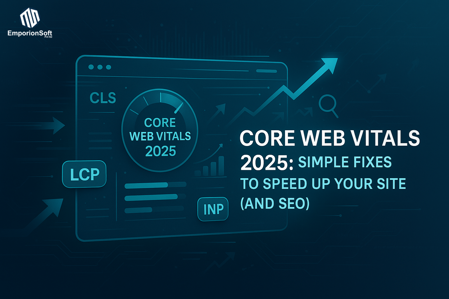 Illustration showing website performance dashboard and speed optimisation metrics representing Core Web Vitals 2025 improvements in SEO and user experience.