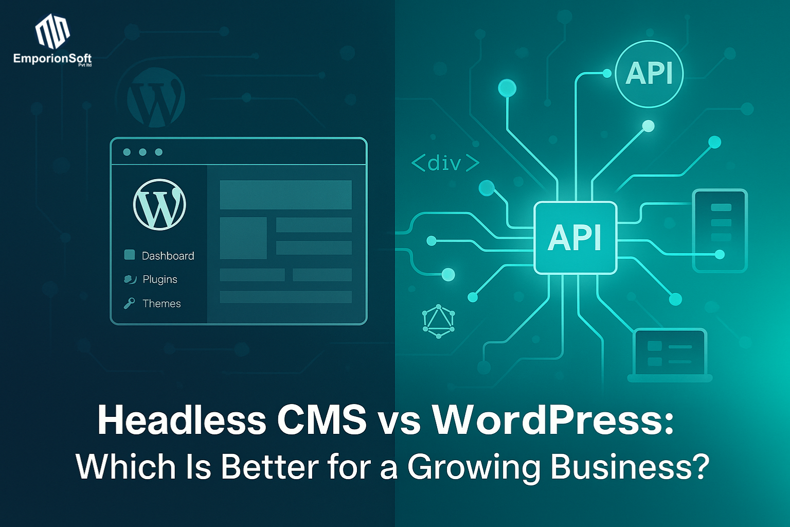 Illustration comparing Headless CMS vs WordPress platforms — showing the evolution from traditional CMS dashboards to modern API-driven architecture with scalable cloud systems.