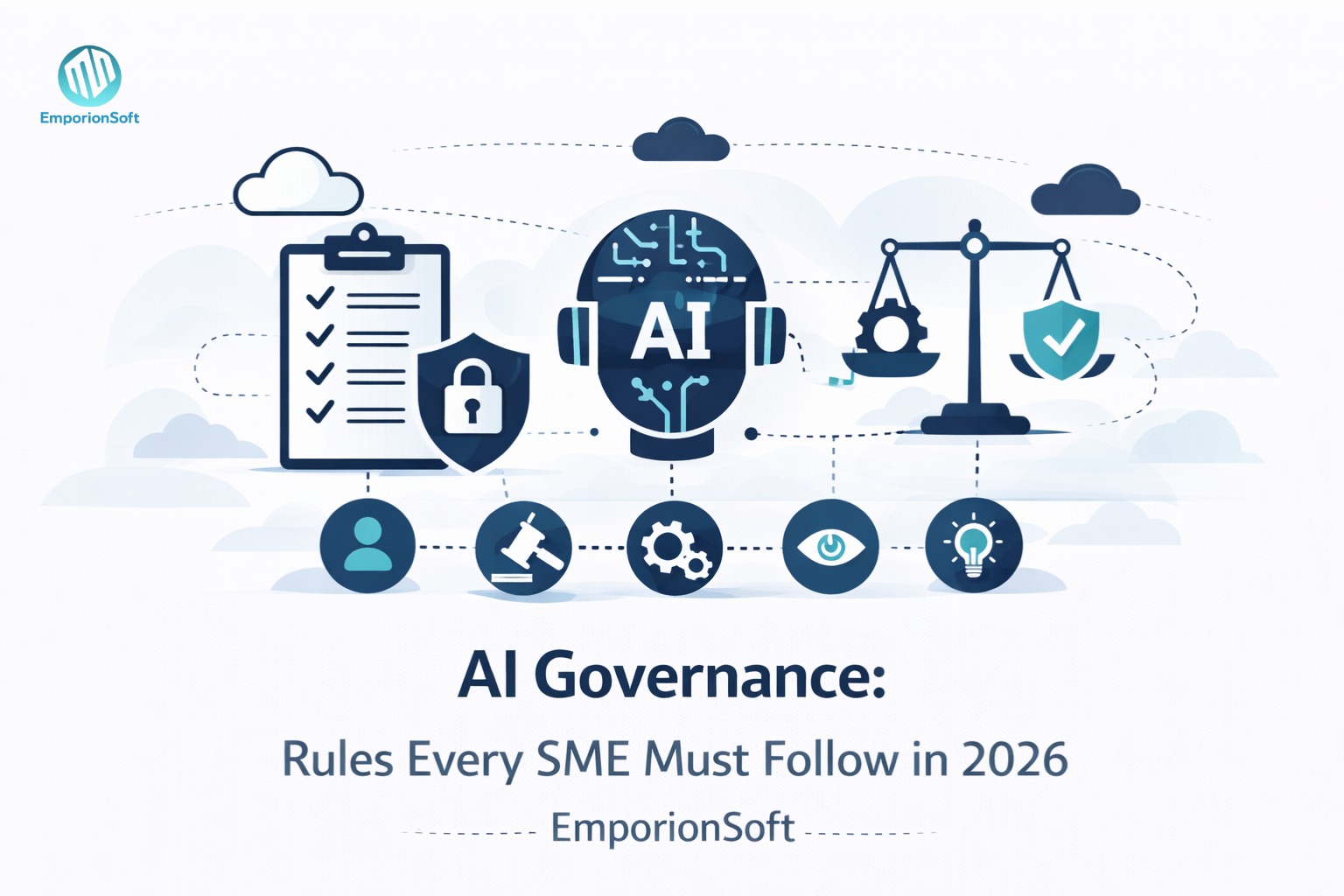 Business leaders reviewing AI governance for SMEs with data dashboards, policy documents, and human oversight in a modern office setting