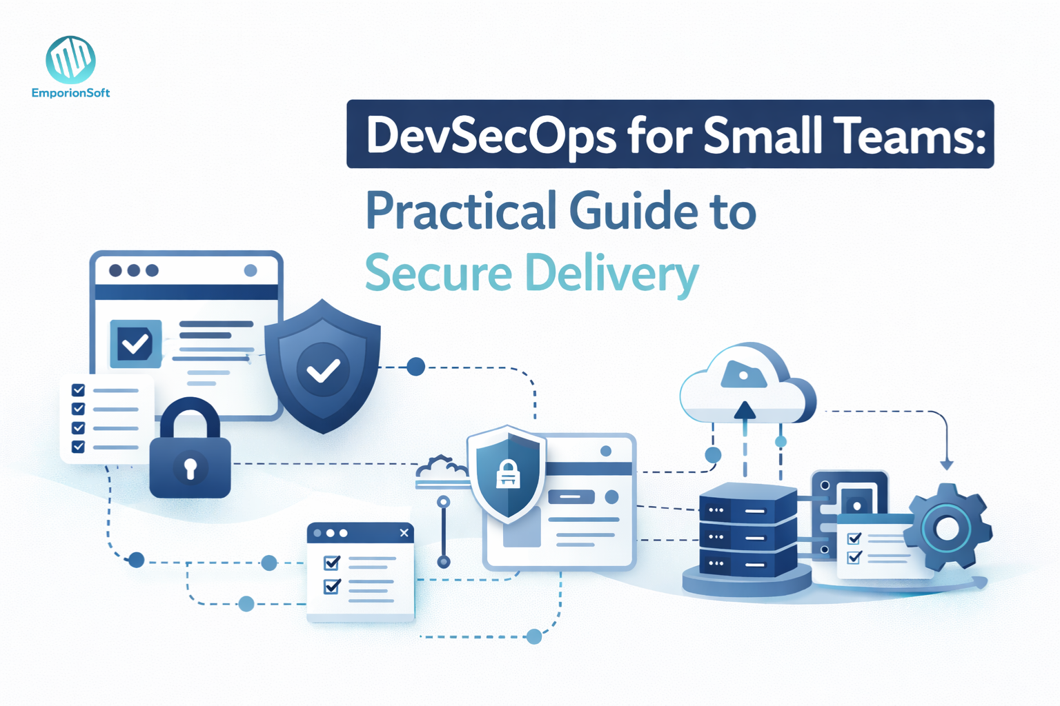 Illustration showing DevSecOps for small teams with secure CI/CD pipelines, automated security checks, and collaborative workflows.