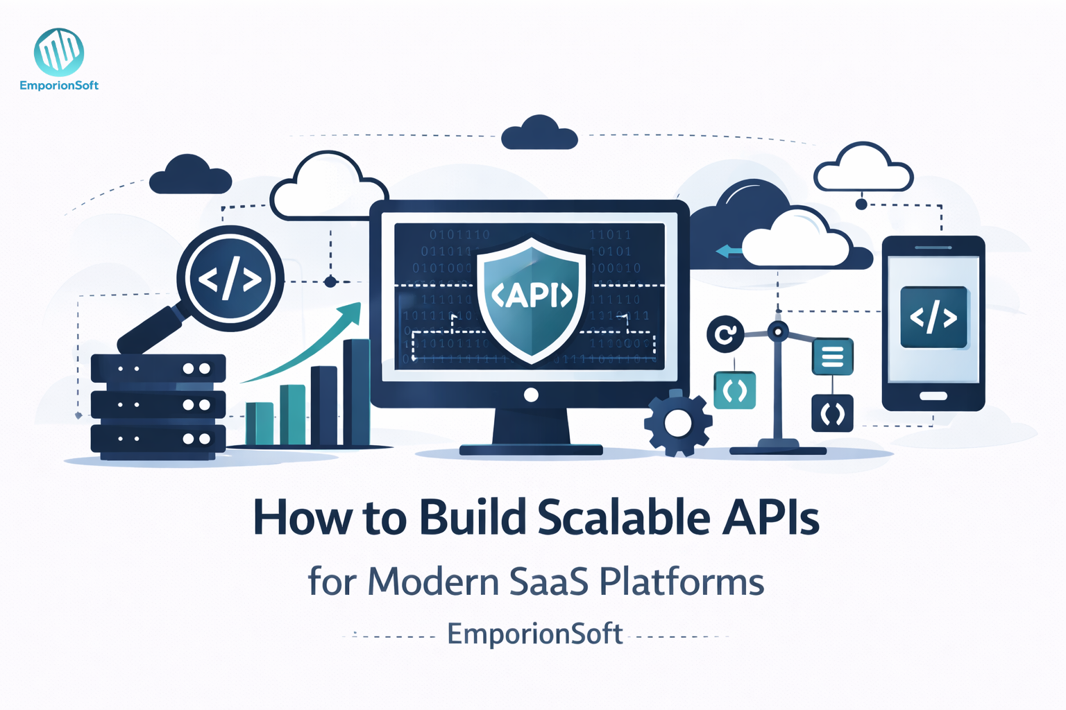 Illustration showing scalable APIs for SaaS platforms with interconnected services, data flows, and reliable system architecture supporting business growth